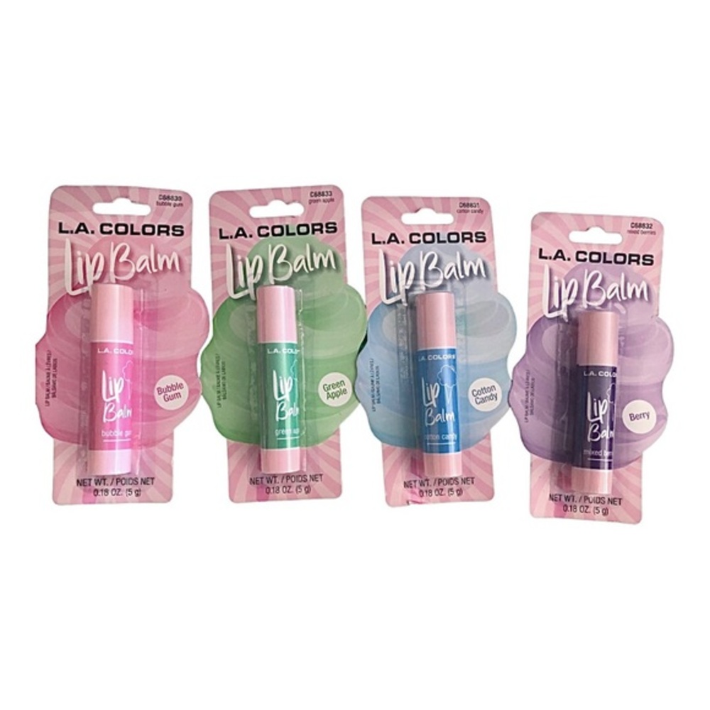 4 nostalgia flavored lip balms bubble gum cotton candy mixed berries green apple
